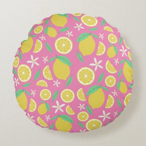 Lovely Lemons Citrus Fruit Summertime Pink Round Pillow