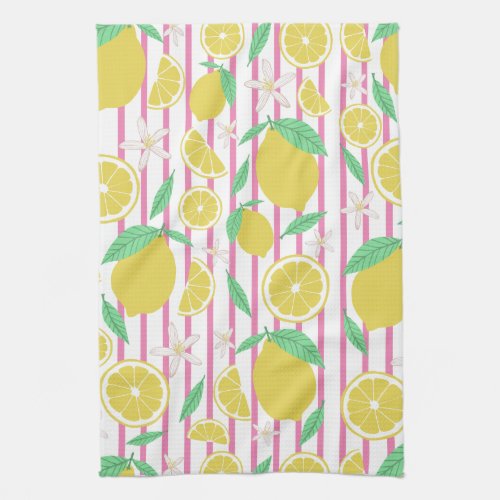 Lovely Lemons Flowers Lemonade Striped Pattern Kitchen Towel