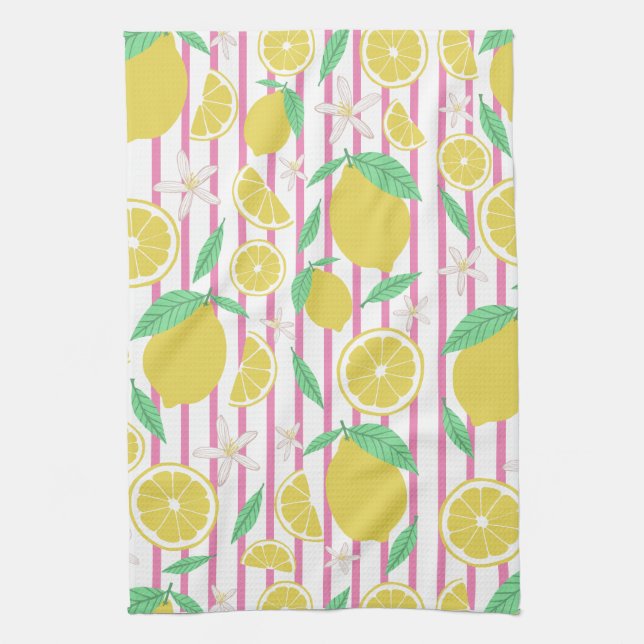 Lovely Lemons Flowers Lemonade Striped Pattern Kitchen Towel (Vertical)