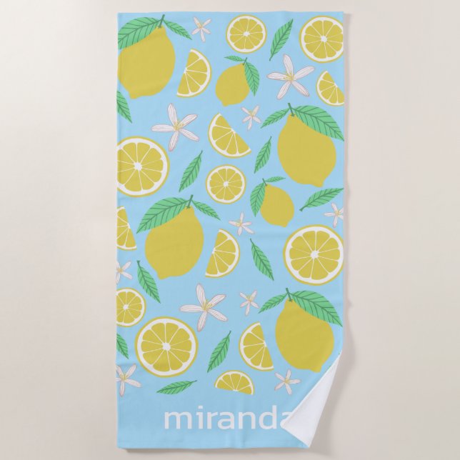 Lovely Lemons Fruity Fun CUSTOM NAME Beach Towel (Front)