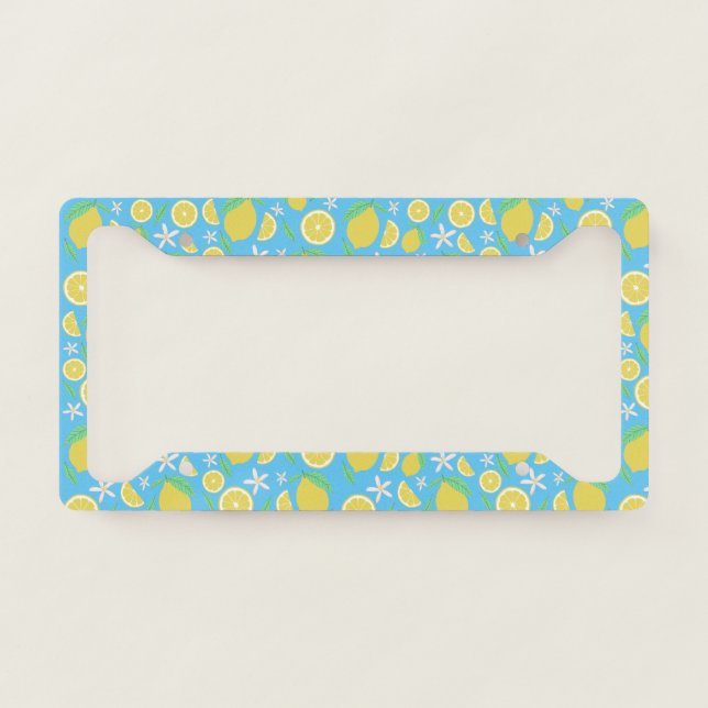 Lovely Lemons on Blue Fruit & Flowers Handmade License Plate Frame (Front)