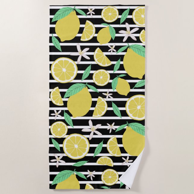 Lovely Lemons Striped Fresh Citrus Fruit Beach Towel (Front)