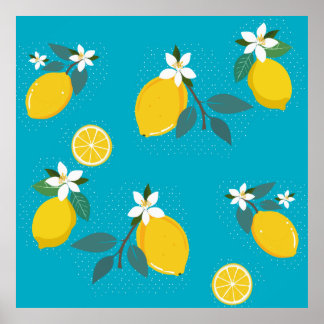 lovely lemons yellow lemons, on blue background poster