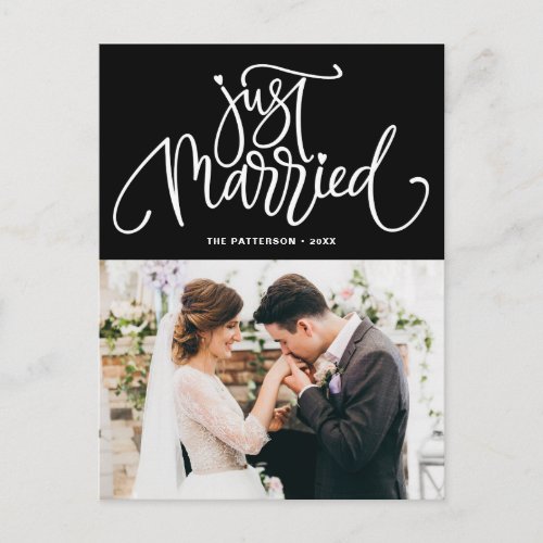 Lovely Lettering Black Just Married Photo Wedding Announcement Postcard
