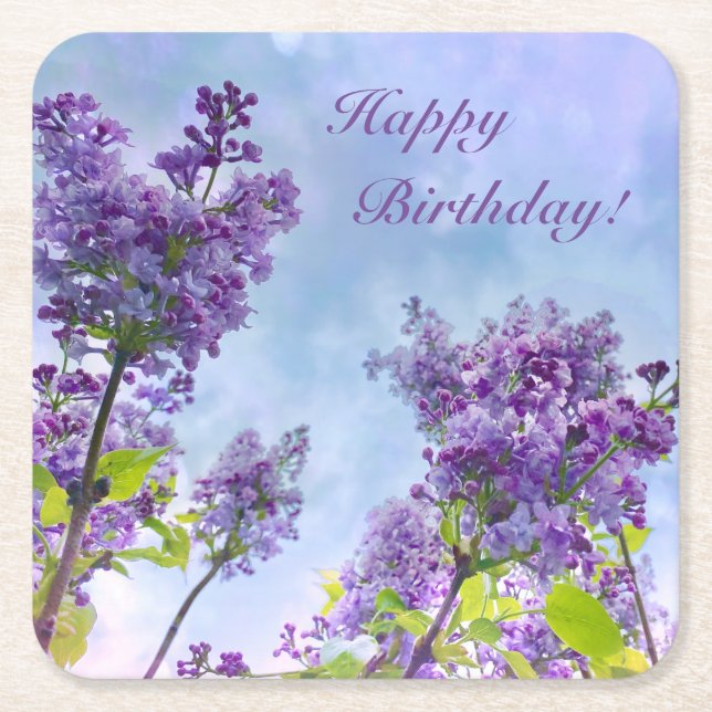 Lovely Lilac Happy Birthday Square Paper Coaster (Front)