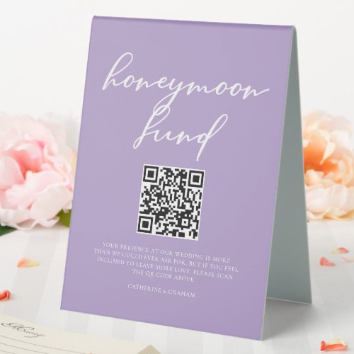 Lovely Lilac Purple Wedding Honeymoon Fund Table Tent