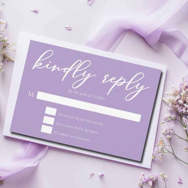 Lovely Lilac Purple White Script Wedding RSVP Card (Creator Uploaded)