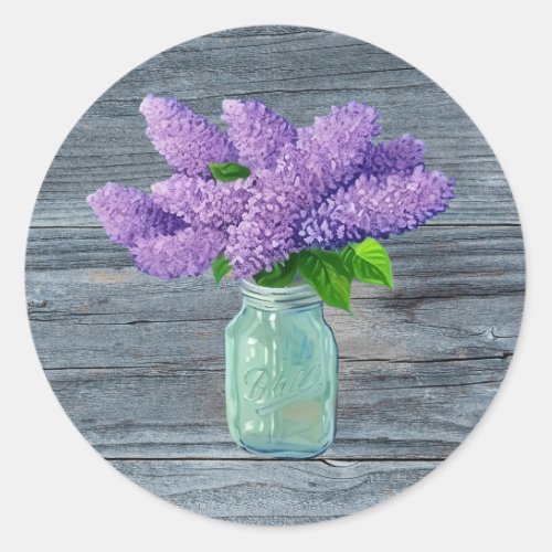 Lovely Lilacs  In Rustic Mason Jar Classic Round Sticker