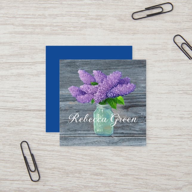 Lovely Lilacs  In Rustic Mason Jar Square Business Card (Front/Back In Situ)