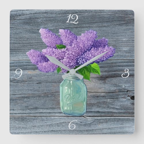 Lovely Lilacs  In Rustic Mason Jar Square Wall Clock