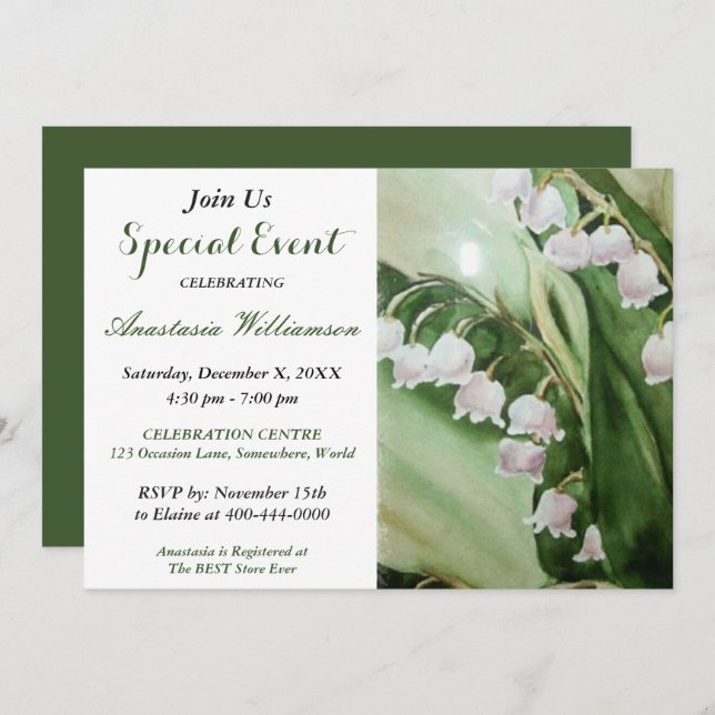 LOVELY LILY OF THE VALLEY PARTY EVENT INVITE (Front/Back)