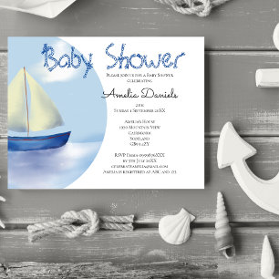 Lovely Little Blue Sailboat Baby Shower Invitation