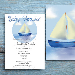 Lovely Little Blue Sailboat Boys Baby Shower Invitation