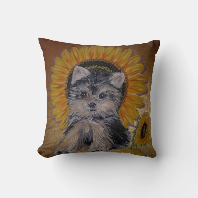 Lovely Little Dog and Sunflowers Throw Pillow (Front)