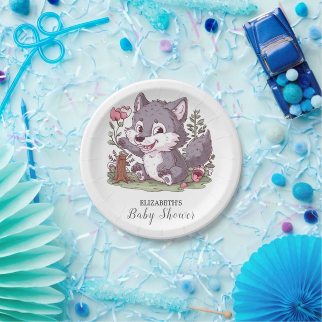 Lovely Little Wolf Baby Shower Paper Plates (Party)