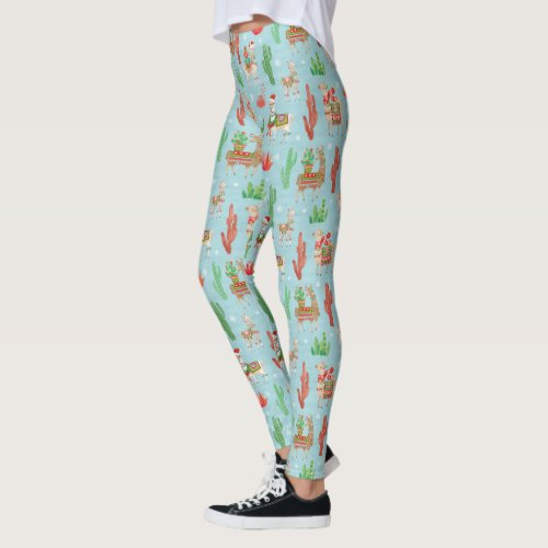 Lovely Llamas Christmas Light Teal Pattern Leggings