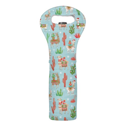 Lovely Llamas Christmas Light Teal Pattern Wine Bag