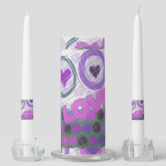 Lovely Love Heart Motif Art Print Unity Candle Set (Front)