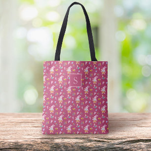 lovely magenta bunny garden pattern Monogram Tote Bag