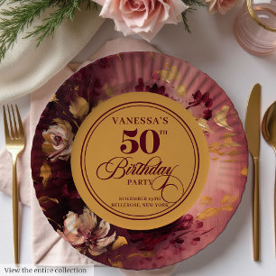 Lovely Maroon Blush Gold Floral 50th Birthday Paper Plates