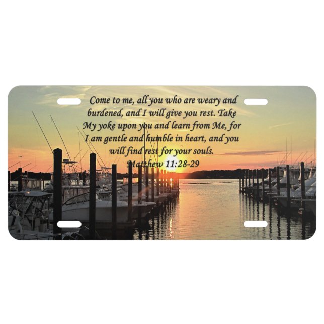 LOVELY MATTHEW 11:28 SUNSET OVER THE LAKE PHOTO LICENSE PLATE (Front)