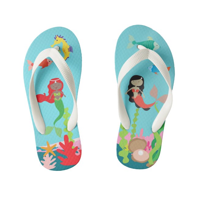 Lovely Mermaids Of Color Undersea Life Kid's Flip Flops (Footbed)