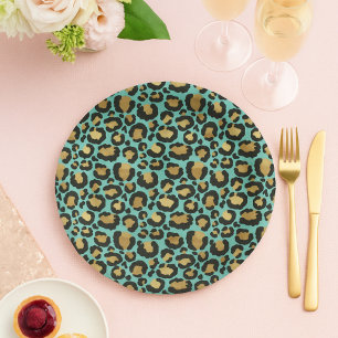 Lovely Mint & Gold Cheetah Print Paper Plates