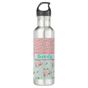 Lovely Mint Green and Pink Floral Patterns Stainless Steel Water Bottle