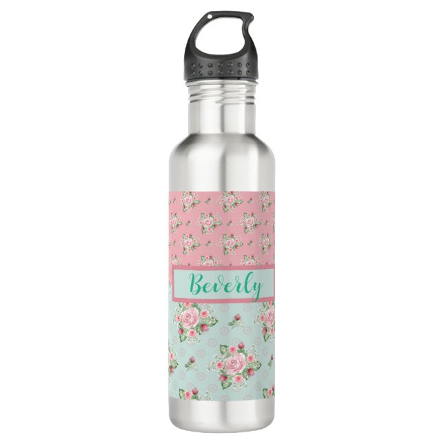 Lovely Mint Green and Pink Floral Patterns   Stainless Steel Water Bottle (Front)