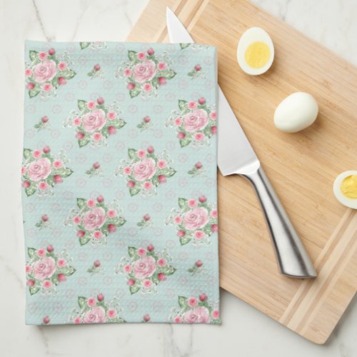 Lovely Mint Green with Old Fashioned Roses Pattern Kitchen Towel
