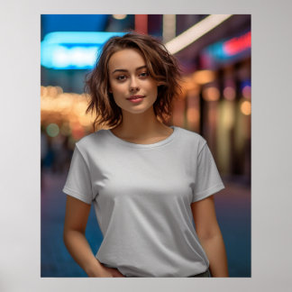 Lovely model wearing a blank white Gildan t-shirt Poster