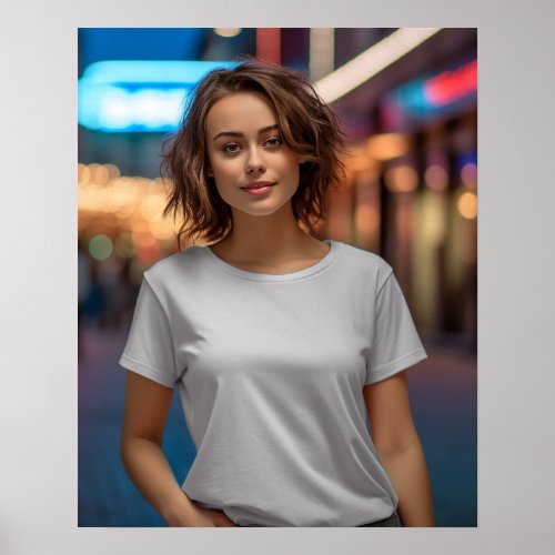 Lovely model wearing a blank white Gildan t_shirt Poster