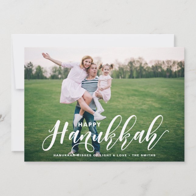 Lovely Modern Calligraphy Photo Happy Hanukkah III Holiday Card (Front)