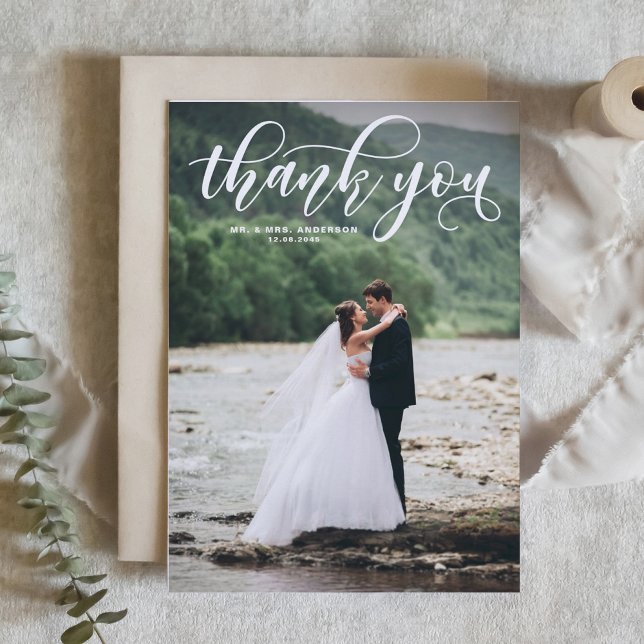Lovely Modern Calligraphy Photo Wedding Photo Thank You Card (Creator Uploaded)
