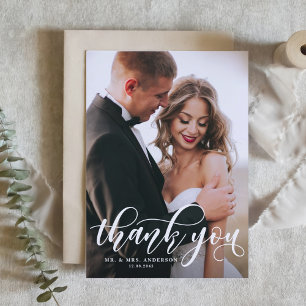 Lovely Modern Calligraphy Vertical Photo Wedding Letterpress Thank You Card