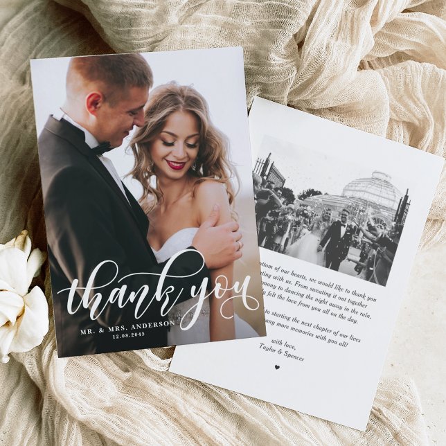 Lovely Modern Calligraphy Wedding Photo Thank You Card (Creator Uploaded)