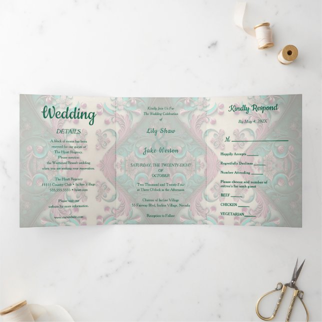 Lovely Modern Floral Wedding Tri-Fold Invitation (Inside)