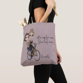 Lovely Mom/Daughter on Bicycle Drawing ‘Cool Mom’  Tote Bag