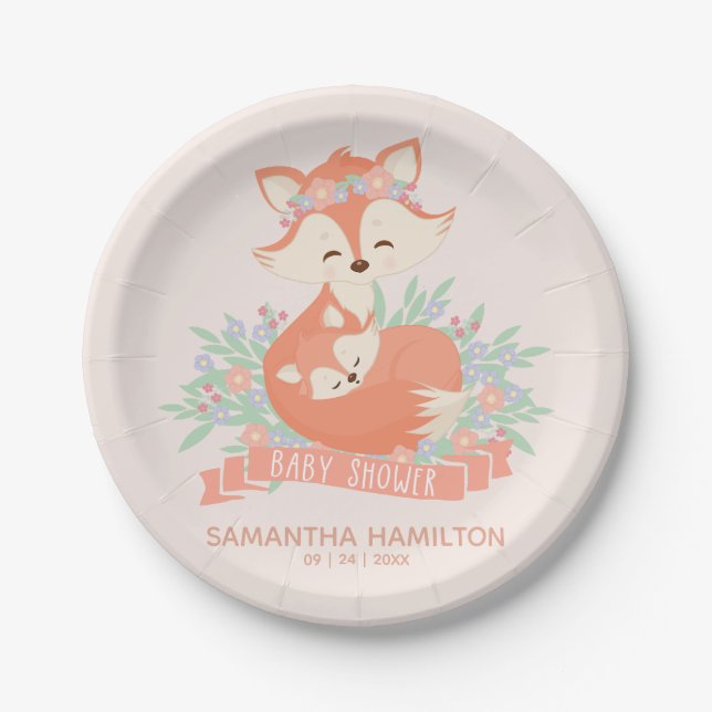 Lovely Mommy and Baby Fox Woodland Baby Shower Paper Plates (Front)