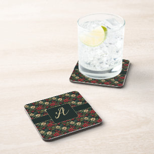Lovely monogram  Christmas chinoiserie floral Beverage Coaster