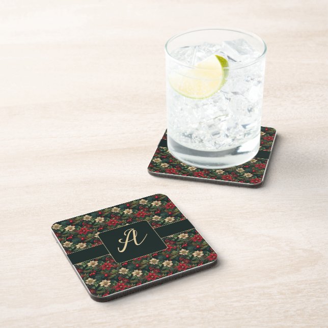 Lovely monogram  Christmas chinoiserie floral Beverage Coaster (Right Side)