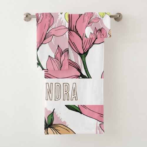 Lovely monogram hand drawn floral White and pink Bath Towel Set