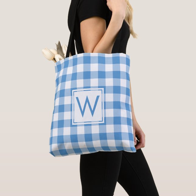 Lovely Monogram Light Blue White Gingham Pattern Tote Bag (Close Up)