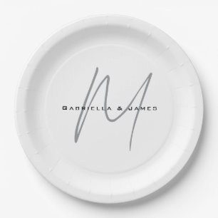 Lovely Monogrammed Black White Grey Calligraphy Paper Plates