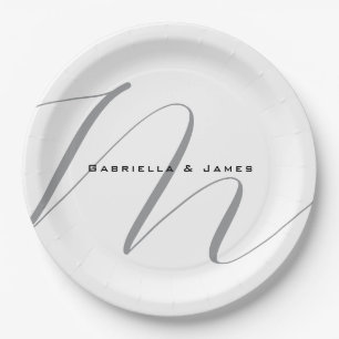 Lovely Monogrammed Black White Grey Calligraphy Paper Plates
