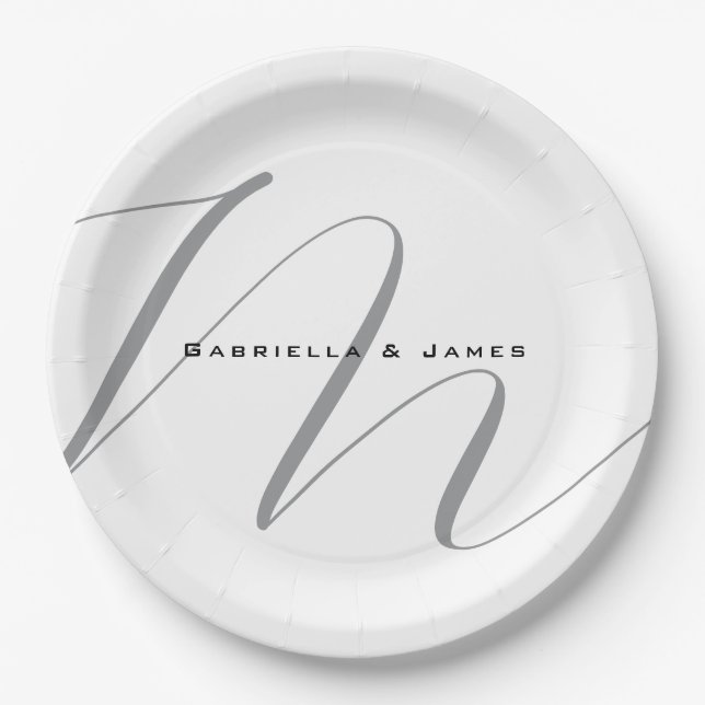 Lovely Monogrammed Black White Grey Calligraphy Paper Plates (Front)
