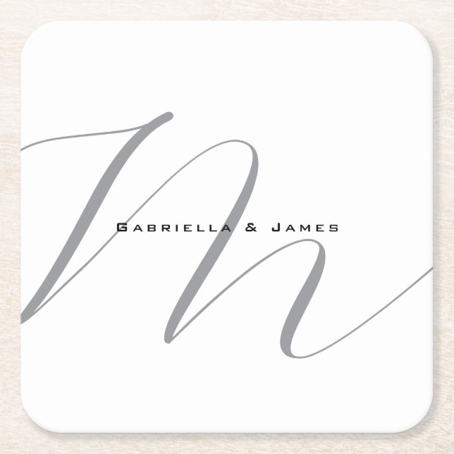 Lovely Monogrammed Black White Grey Calligraphy Square Paper Coaster (Front)
