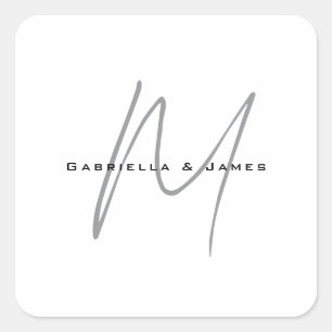 Lovely Monogrammed Black White Grey Calligraphy Square Sticker