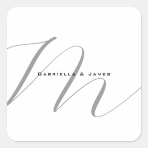 Lovely Monogrammed Black White Grey Calligraphy Square Sticker
