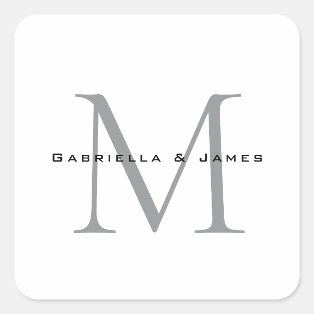 Lovely Monogrammed Black White Grey Calligraphy Square Sticker (Front)